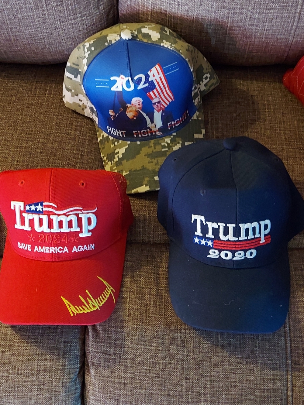 Three 2020/2024 Embroidered Baseball Caps - Red, Navy, Camo
